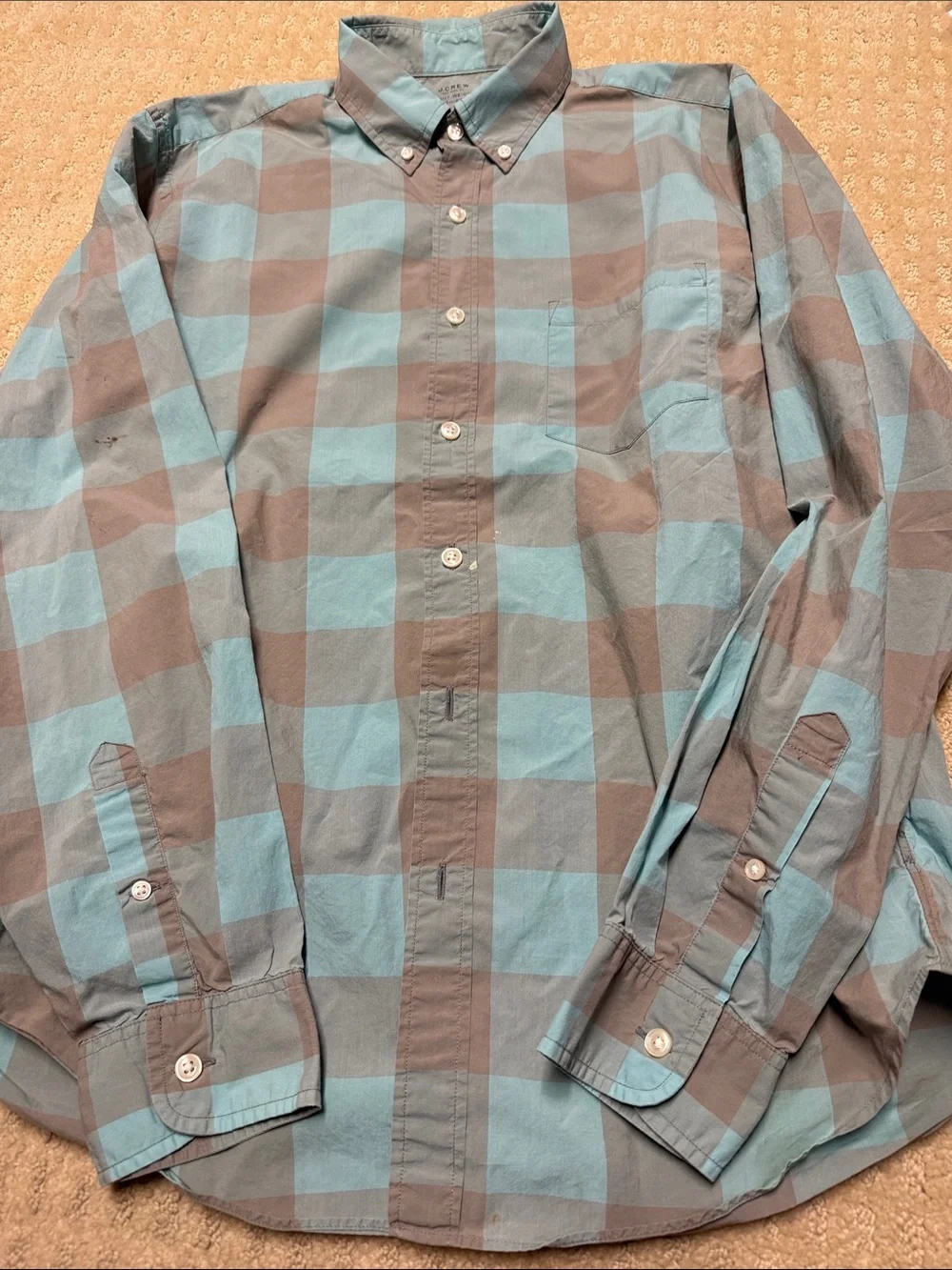 J. Crew Men's Aqua and Gray Large-Check Button-Down Shirt